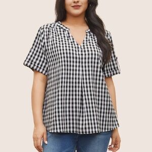 BloomChic Plus Size 5XL Gingham Gathered Notched Tab Sleeve Blouse us28